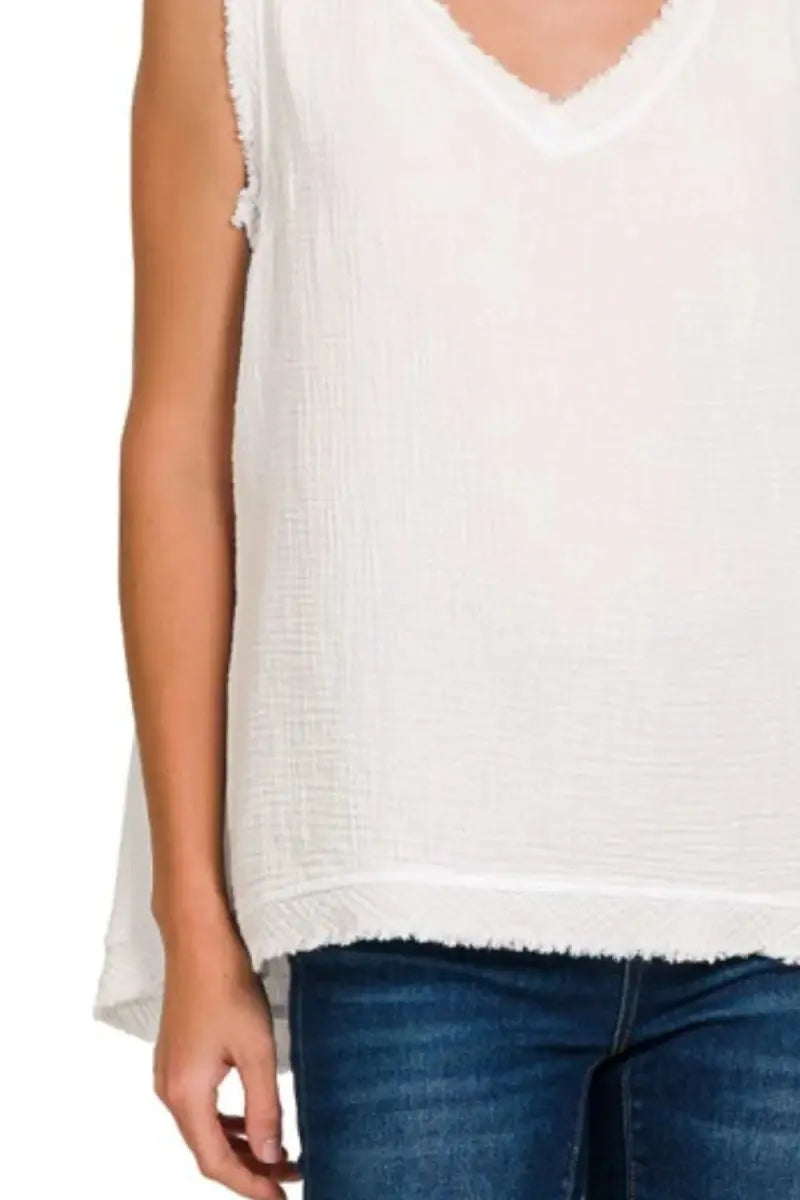 Zenana Double Gauze Raw Edge V-Neck Tank Top for Women - Love Salve
